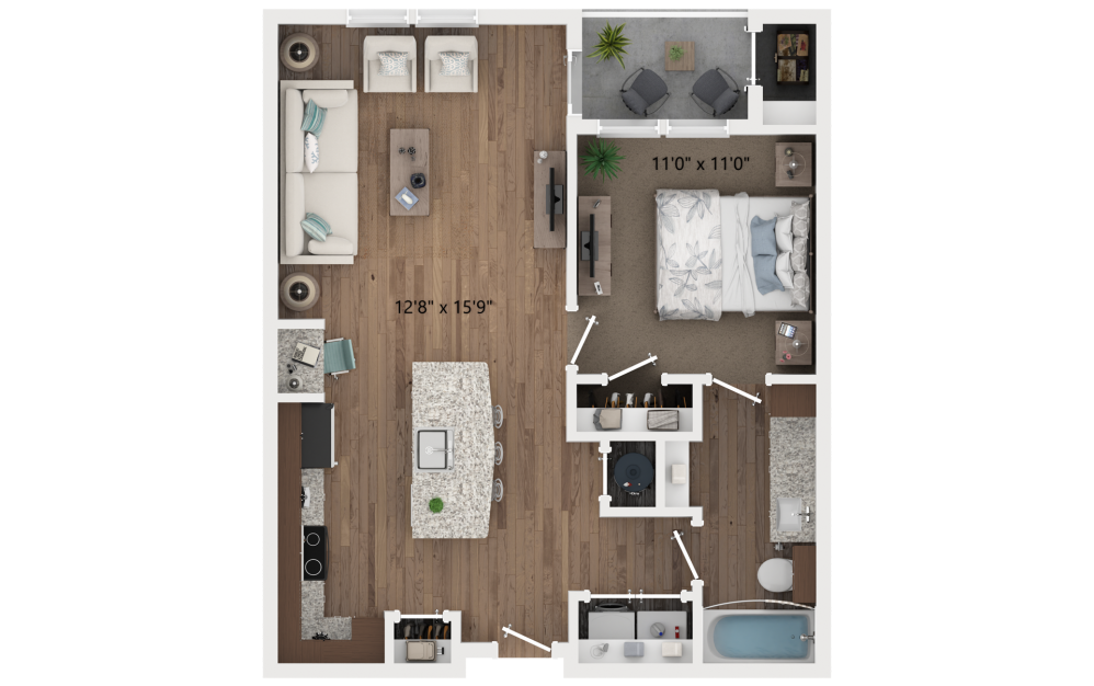 A1 - 1 bedroom floorplan layout with 1 bathroom and 677 square feet