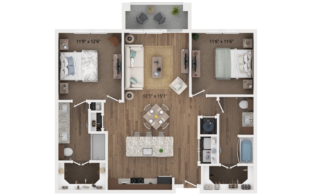 B1a - 2 bedroom floorplan layout with 2 bathrooms and 1135 square feet