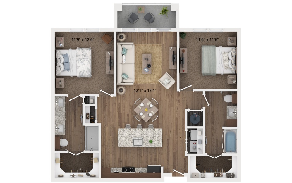 B3 - 2 bedroom floorplan layout with 2 bathrooms and 1069 square feet