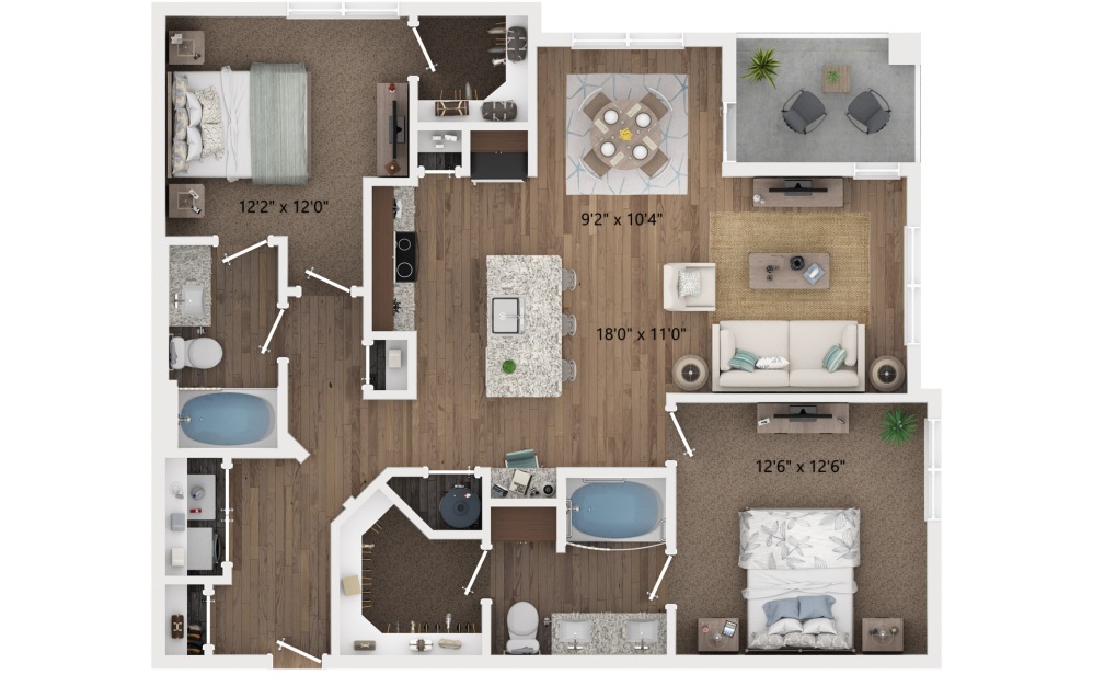 B4 - 2 bedroom floorplan layout with 2 bathrooms and 1131 square feet